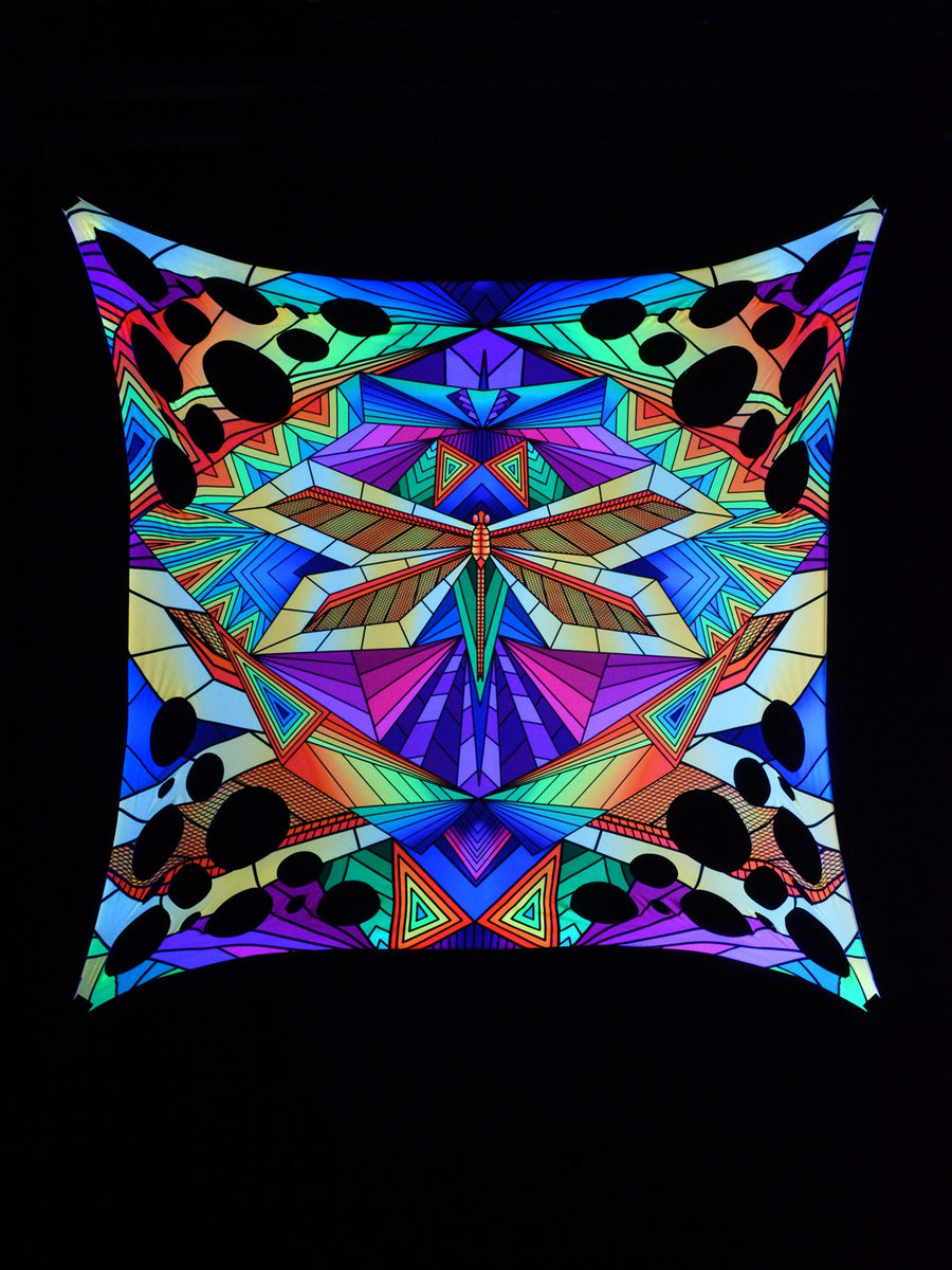 PSYWORK blacklight sail spandex "Neon Polygon Dragonfly Holes", 2,25x2,25m
