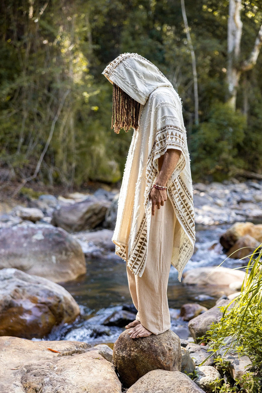 AKKAD BEIGE HANDMADE CEREMONIAL HOODED PONCHO - Trancentral Shop