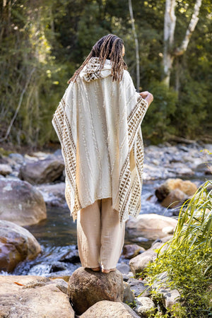 AKKAD BEIGE HANDMADE CEREMONIAL HOODED PONCHO - Trancentral Shop