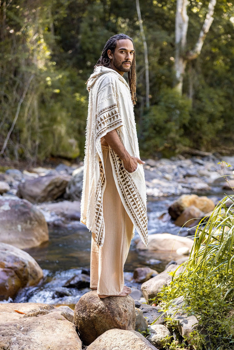 AKKAD BEIGE HANDMADE CEREMONIAL HOODED PONCHO - Trancentral Shop