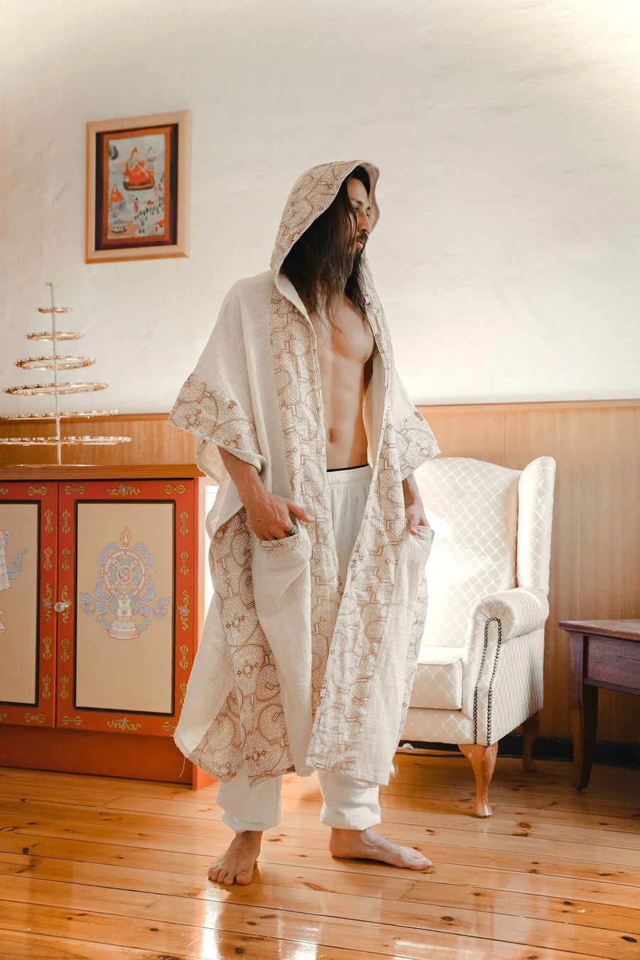 AYAWA BEIGE CREAM HOODED KIMONO CAPE - Trancentral Shop