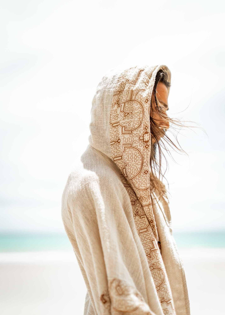 AYAWA BEIGE HOODED KIMONO CAPE PONCHO - Trancentral Shop