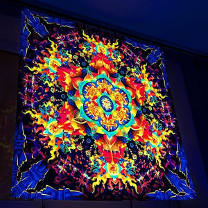Aztec Mushroom Mandala Psychedelic Fluorescent UV-Reactive Backdrop Tapestry Blacklight Wall Hanging - Trancentral Shop