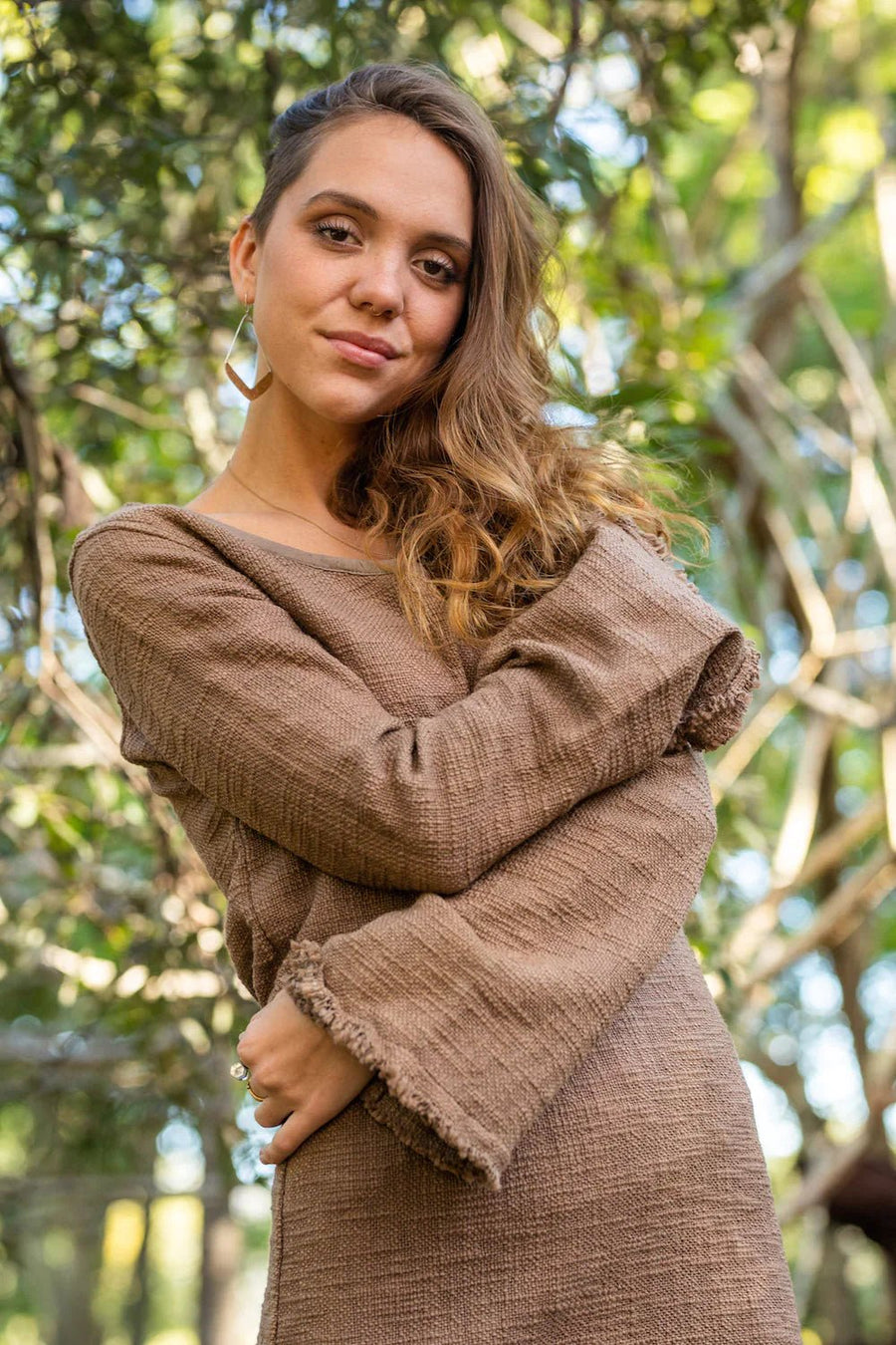 BACK TO NATURE LONG SLEEVE TOP IN BROWN - Trancentral Shop