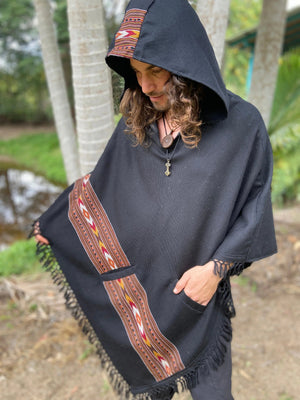 BHAVA HOODED PONCHO BLACK HANDWOVEN WOOL - Trancentral Shop