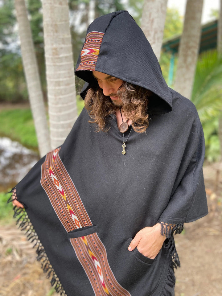 BHAVA HOODED PONCHO BLACK HANDWOVEN WOOL - Trancentral Shop