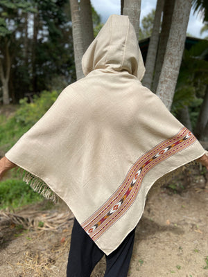 BHAVA HOODED PONCHO CREAM BEIGE HANDWOVEN - Trancentral Shop