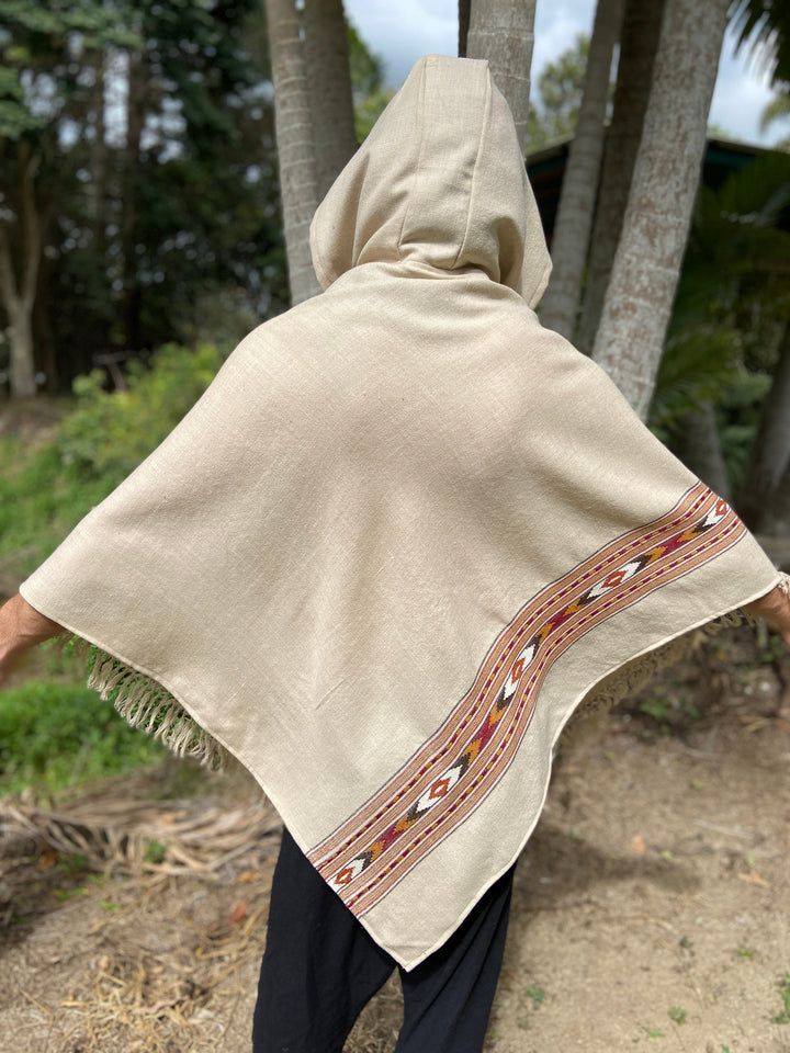 BHAVA HOODED PONCHO CREAM BEIGE HANDWOVEN - Trancentral Shop