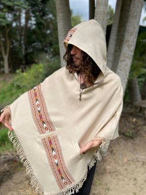 BHAVA HOODED PONCHO CREAM BEIGE HANDWOVEN - Trancentral Shop