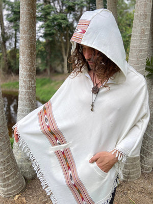 BHAVA HOODED PONCHO WHITE HANDWOVEN WOOL - Trancentral Shop