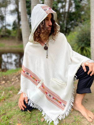 BHAVA HOODED PONCHO WHITE HANDWOVEN WOOL - Trancentral Shop