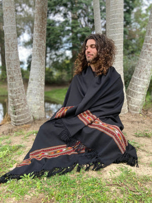 BHAVA SHAWL BLACK HANDWOVEN WOOL MEDITATION - Trancentral Shop