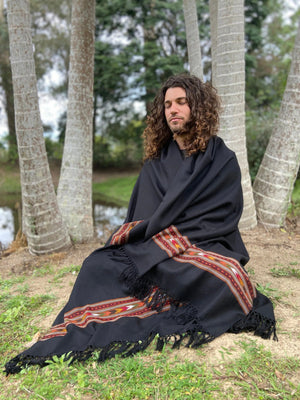 BHAVA SHAWL BLACK HANDWOVEN WOOL MEDITATION - Trancentral Shop