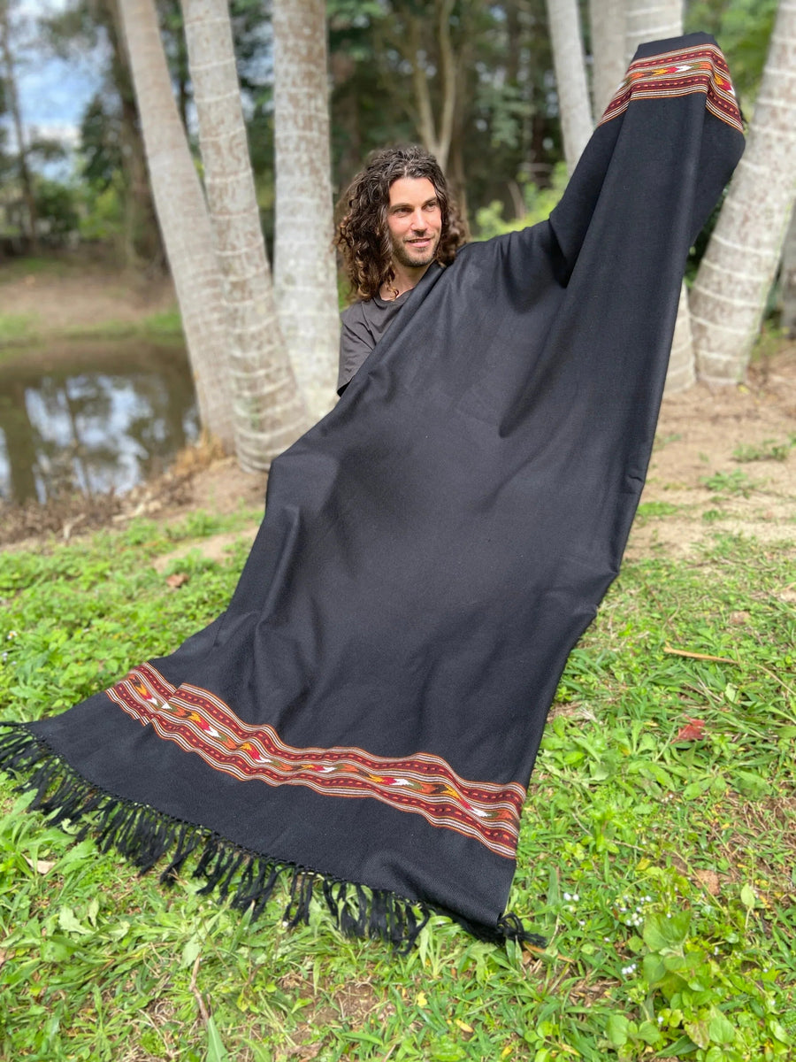 BHAVA SHAWL BLACK HANDWOVEN WOOL MEDITATION - Trancentral Shop