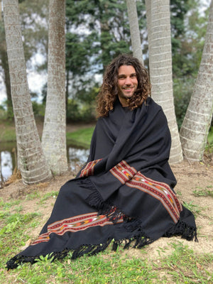 BHAVA SHAWL BLACK HANDWOVEN WOOL MEDITATION - Trancentral Shop