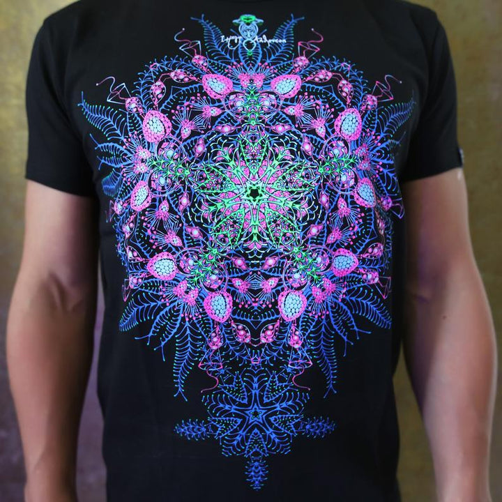 Printify Flower of Life Blue Purple Ocean Trippy All Over Print T Shirt - Spiritual Sacred Geometry Shirt, Psychedelic Clothes, Raver Clothing 6 oz. / Black