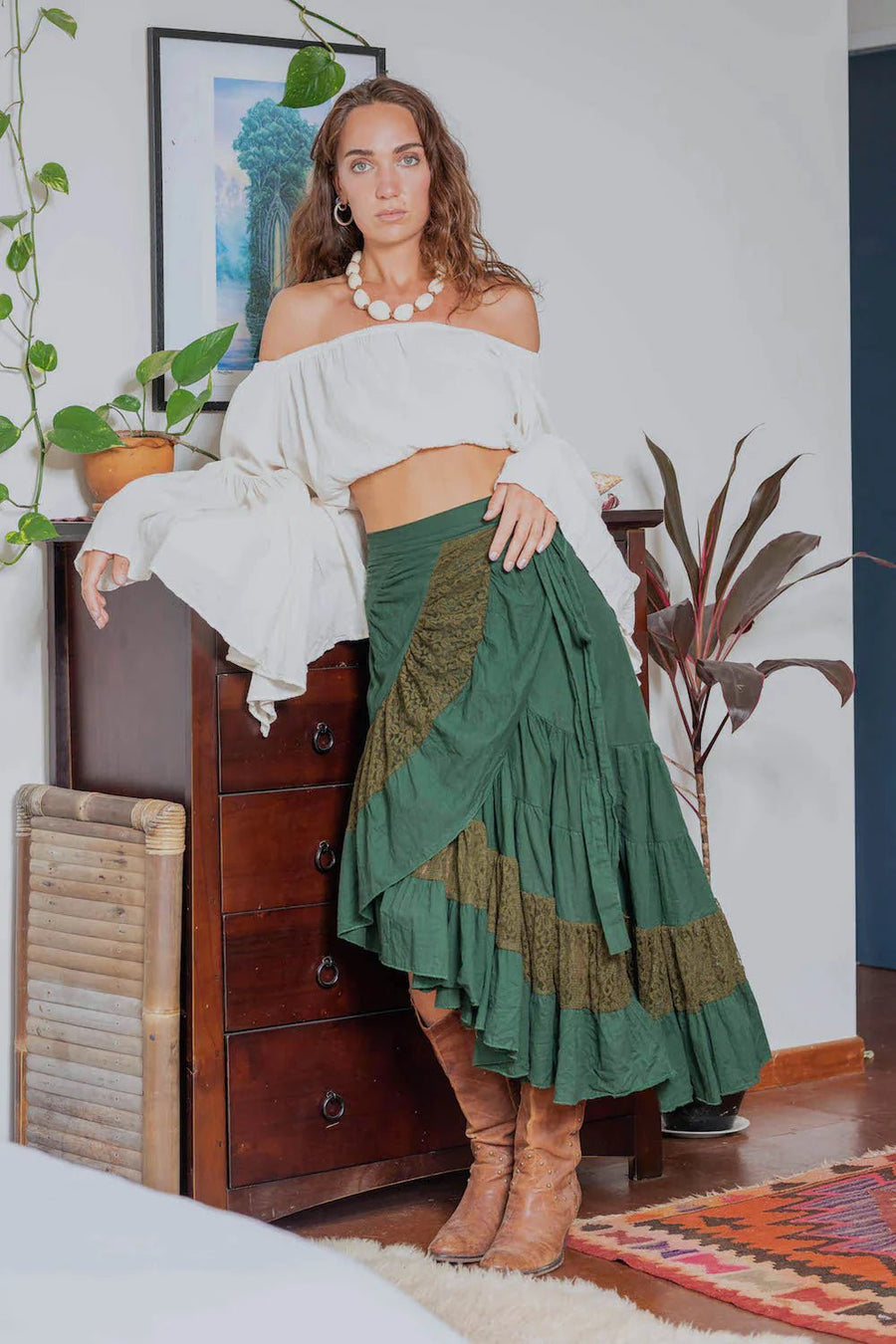 FLAMENCO URBAN GYPSY SKIRT GREEN WITH LACE - Trancentral Shop