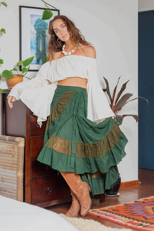 FLAMENCO URBAN GYPSY SKIRT GREEN WITH LACE - Trancentral Shop