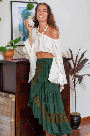 FLAMENCO URBAN GYPSY SKIRT GREEN WITH LACE - Trancentral Shop