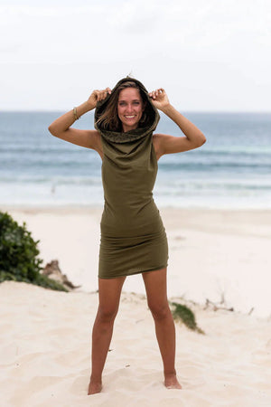 HOODED DESERT DRESS GREEN - Trancentral Shop