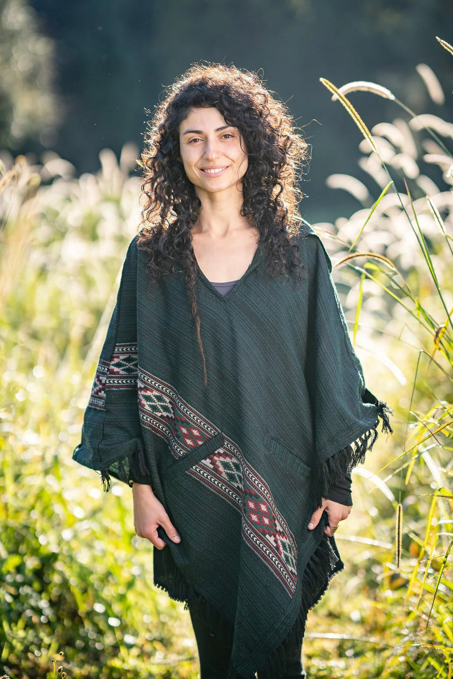 JHANA HOODED PONCHO GREEN TRIBAL CASHMERE - Trancentral Shop