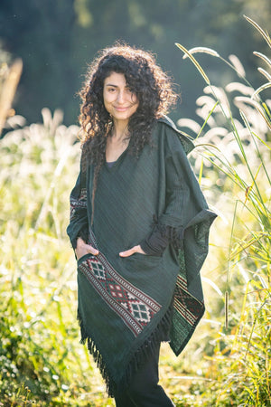 JHANA HOODED PONCHO GREEN TRIBAL CASHMERE - Trancentral Shop