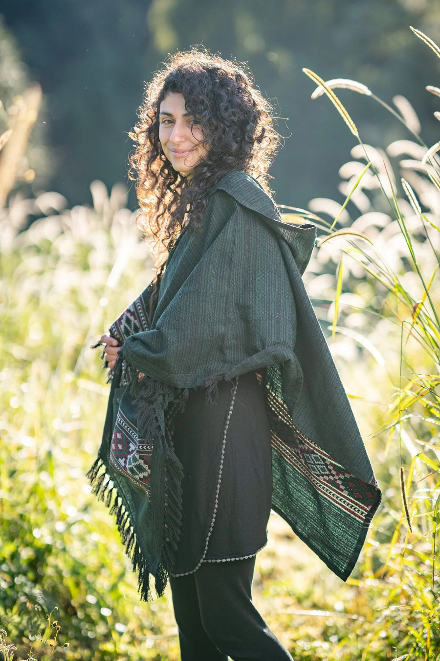 JHANA HOODED PONCHO GREEN TRIBAL CASHMERE - Trancentral Shop