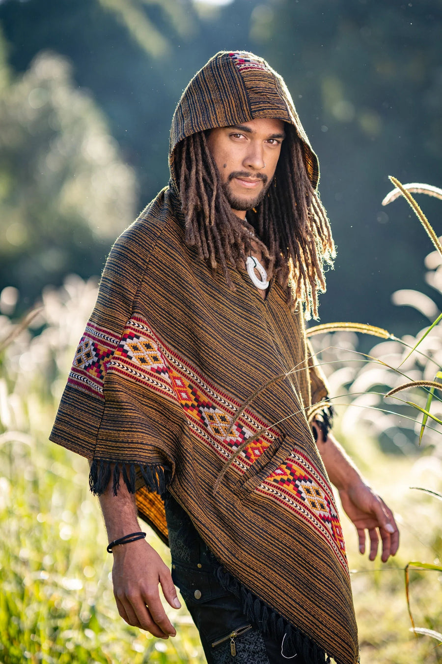 JHANA HOODED PONCHO WITH POCKETS GOLDEN - Trancentral Shop