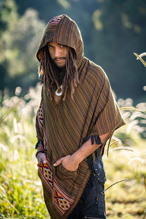 JHANA HOODED PONCHO WITH POCKETS GOLDEN - Trancentral Shop