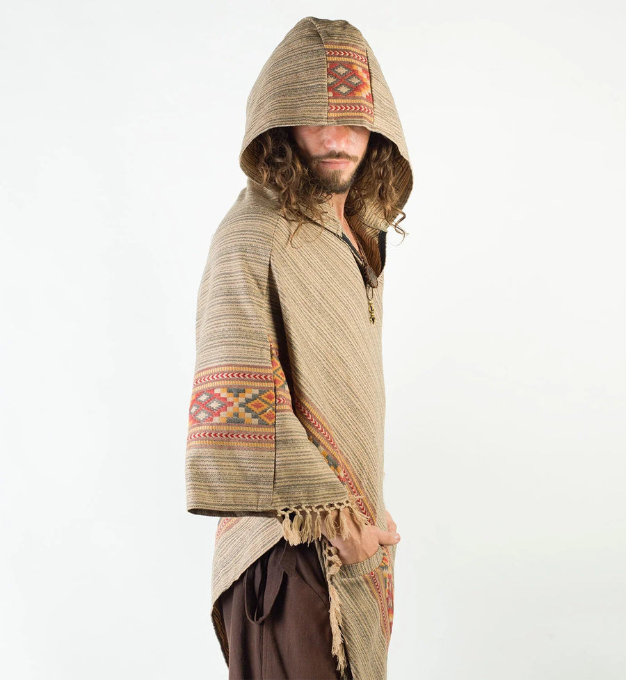 JHANA MENS BROWN HOODED PONCHO, CASHMERE - Trancentral Shop