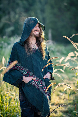 JHANA MENS HOODED PONCHO GREEN CASHMERE - Trancentral Shop