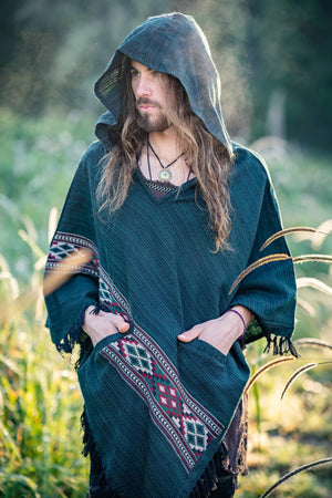 JHANA MENS HOODED PONCHO GREEN CASHMERE - Trancentral Shop