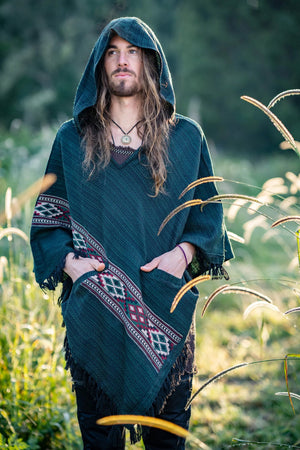 JHANA MENS HOODED PONCHO GREEN CASHMERE - Trancentral Shop