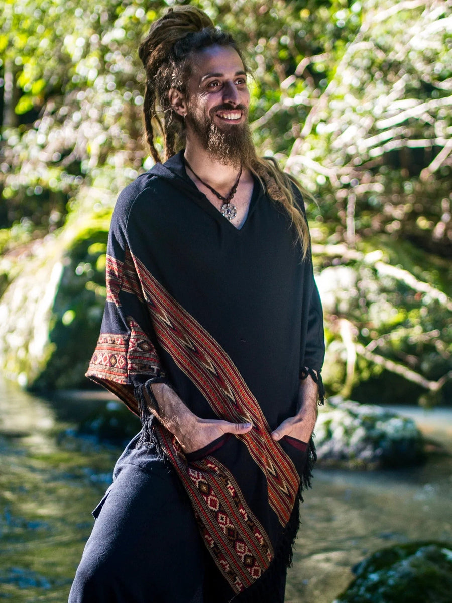 MENS BLACK PONCHO YAK WOOL HANDMADE - Trancentral Shop