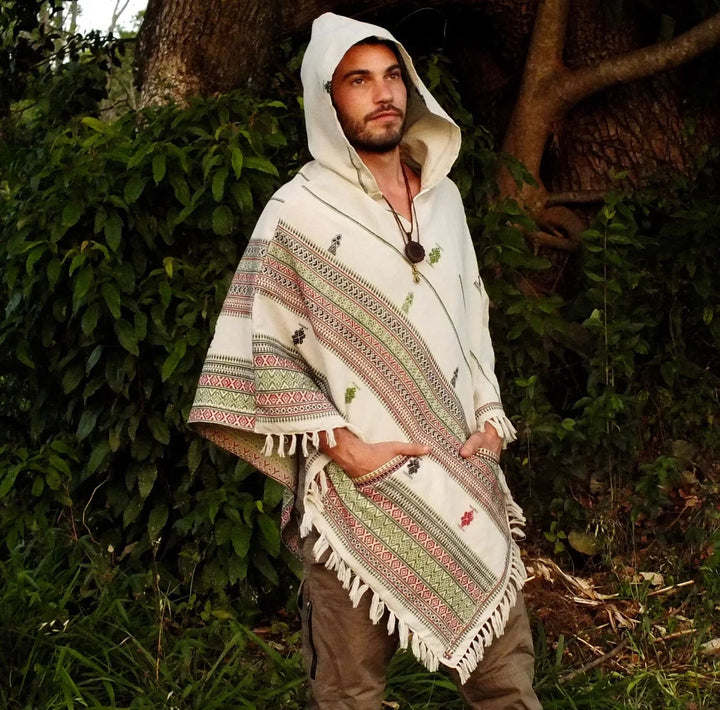 MENS WHITE PONCHO WITH HOOD CASHMERE - Trancentral Shop