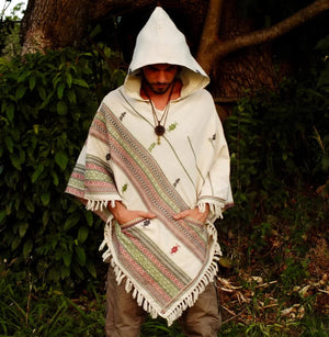 MENS WHITE PONCHO WITH HOOD CASHMERE - Trancentral Shop