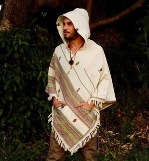 MENS WHITE PONCHO WITH HOOD CASHMERE - Trancentral Shop