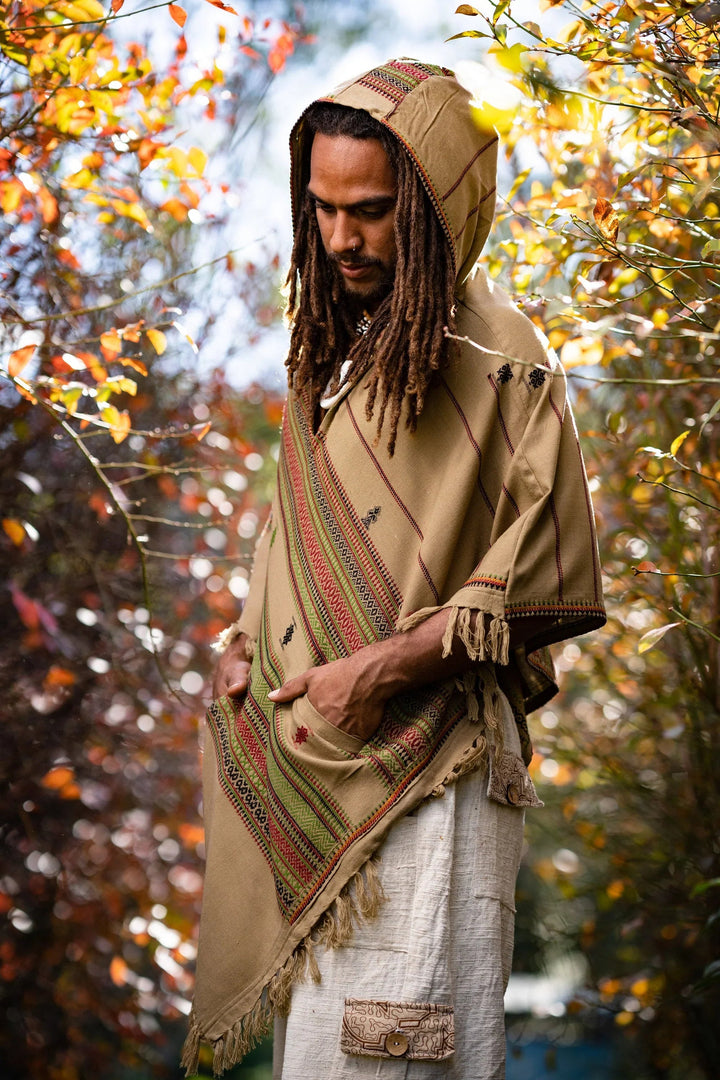 MEN'S WOOL HOODED PONCHO DESERT SAND - Trancentral Shop