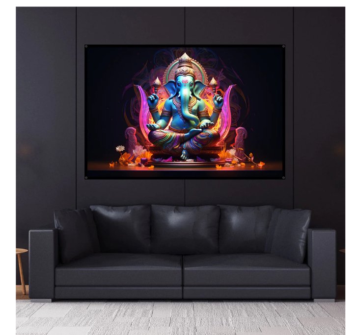 Psy Ganesh UV Reactive Wall Hanging | Shamanic Wall Hanging | Visionary Psychedelic Art | UV Ink Blacklight Psychedelic Tapestry - Trancentral Shop
