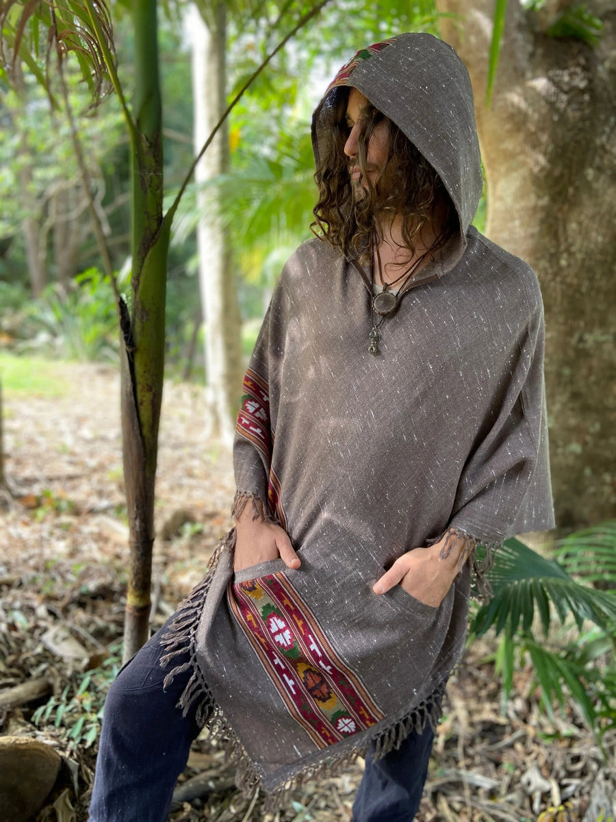 SATI HOODED PONCHO GRAPHITE GREY HANDWOVEN - Trancentral Shop