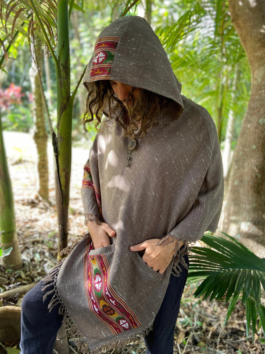 SATI HOODED PONCHO GRAPHITE GREY HANDWOVEN - Trancentral Shop