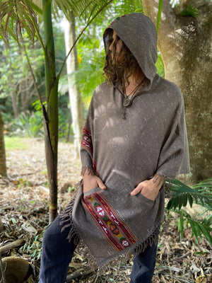 SATI HOODED PONCHO GRAPHITE GREY HANDWOVEN - Trancentral Shop