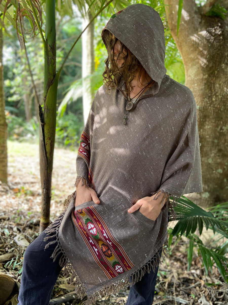 SATI HOODED PONCHO GRAPHITE GREY HANDWOVEN - Trancentral Shop