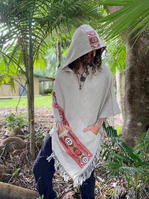 SATI HOODED PONCHO MISTY GREY HANDWOVEN - Trancentral Shop