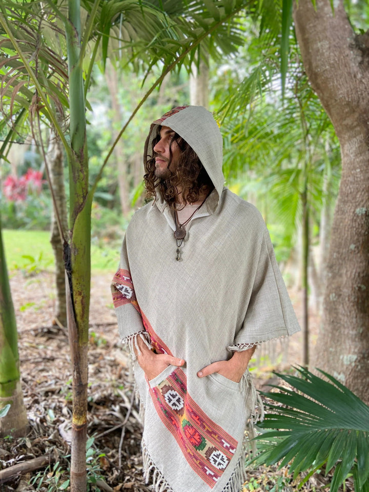 SATI HOODED PONCHO MISTY GREY HANDWOVEN - Trancentral Shop
