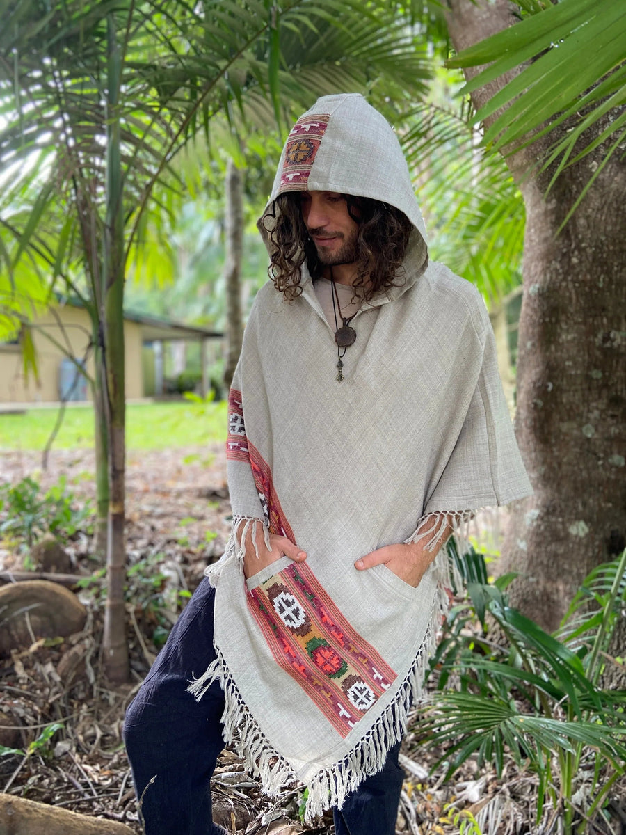 SATI HOODED PONCHO MISTY GREY HANDWOVEN - Trancentral Shop