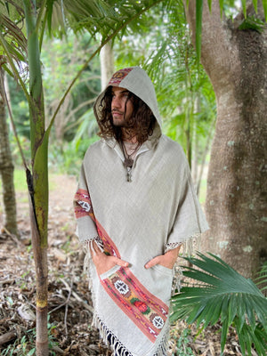 SATI HOODED PONCHO MISTY GREY HANDWOVEN - Trancentral Shop