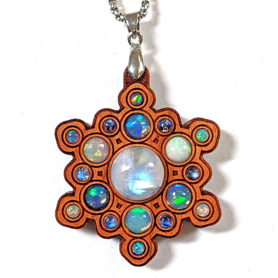 Snowflake Mandala Gemstone Grid Talisman with Rainbow Moonstone and Opal - Trancentral Shop