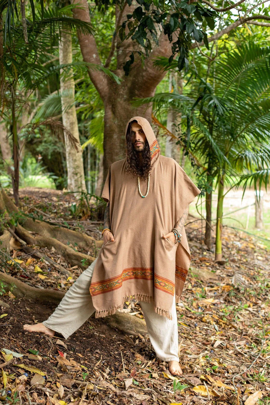 UPEKKHA BROWN MENS HOODED PONCHO LONG - Trancentral Shop