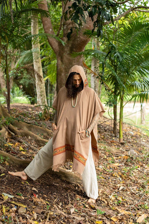 UPEKKHA BROWN MENS HOODED PONCHO LONG - Trancentral Shop